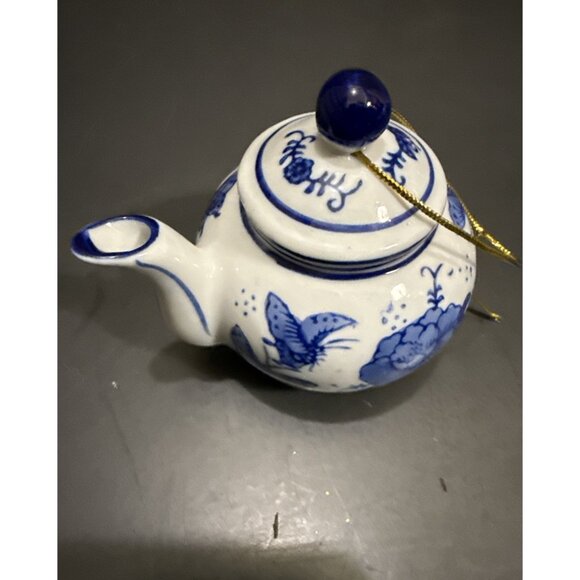 Vintage Miniature Mini Teapot Ornament Blue White Porcelain Floral Butterfly 3" - Picture 2 of 14
